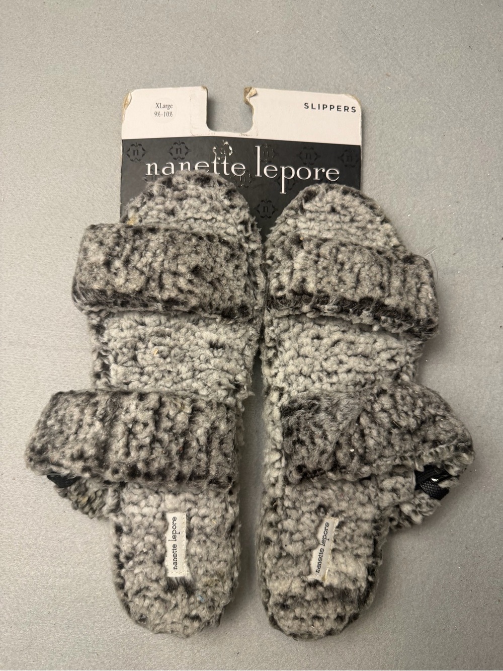 Nanette Lepore Gray Crocheted Two-Strap Fuzzy Slippers Xl